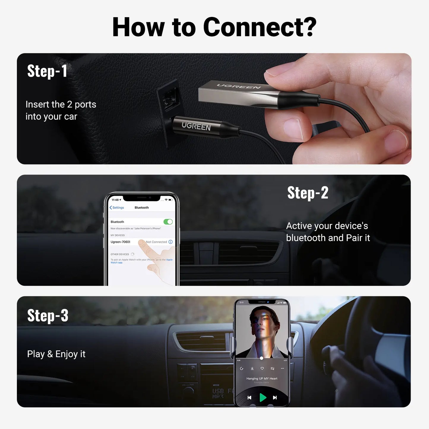 UGREEN Bluetooth 6.0 Adapter for Car - Hands-Free AUX Receiver