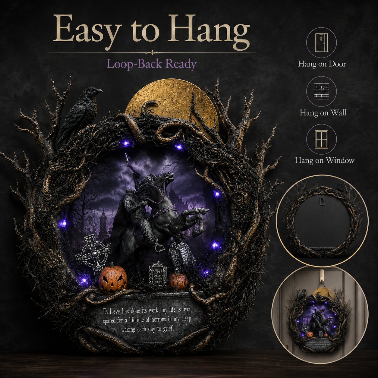 🦇Gothic Handcrafted Headless Horseman Mini Wreath With LED Purple Lights🎃