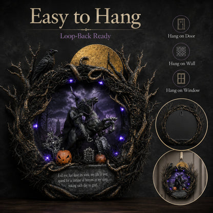 🦇Gothic Handcrafted Headless Horseman Mini Wreath With LED Purple Lights🎃