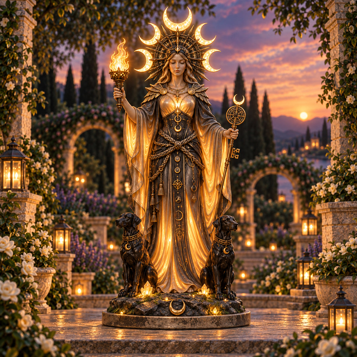 🌙🔥 Hecate Goddess Guardian Statue | Lighted Triple Moon Goddess with Twin Hounds, Torch & Key