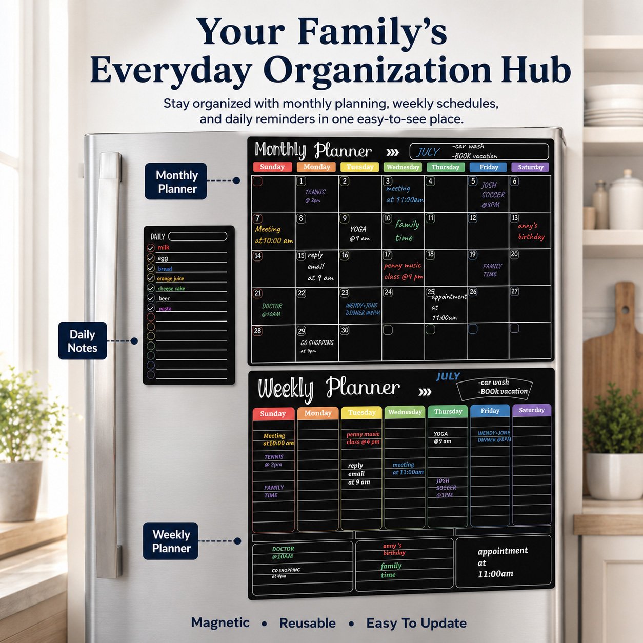 ✨ Black Dry Erase Boards Set - 3 Magnetic Boards for Refrigerator