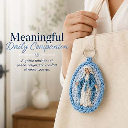 🙏 Handmade Marian Crochet Keychain Keepsake | Soft Blue-and-White Yarn, Raised Oval Crochet Frame & Metal Split Ring 💙✨