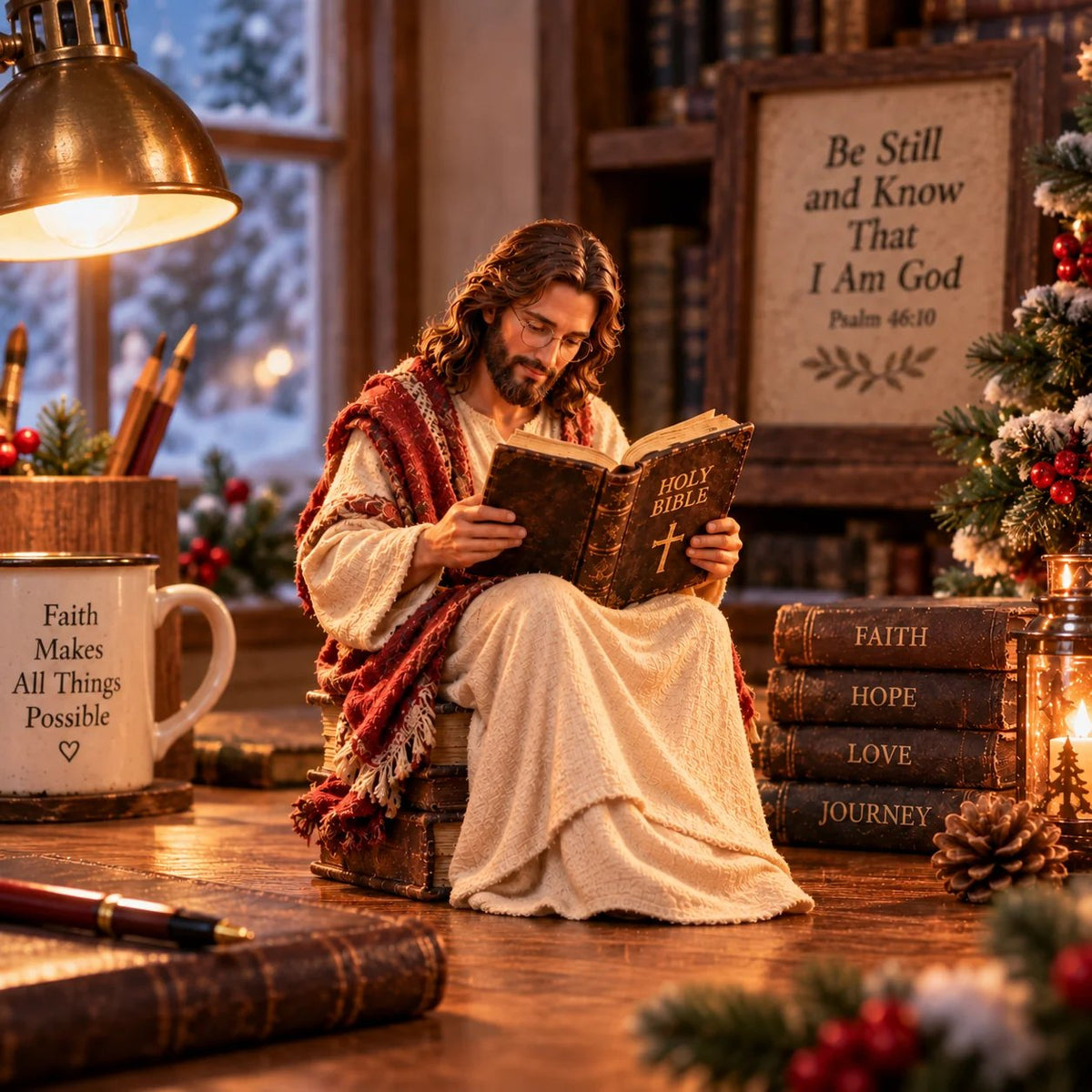 ✝️ Keep Faith Close – Jesus Reading the Bible Figurine
