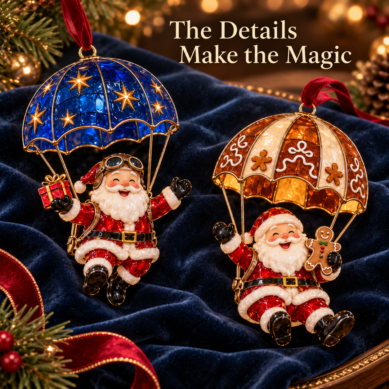 Close-up Santa Christmas ornaments with blue star and gingerbread parachutes