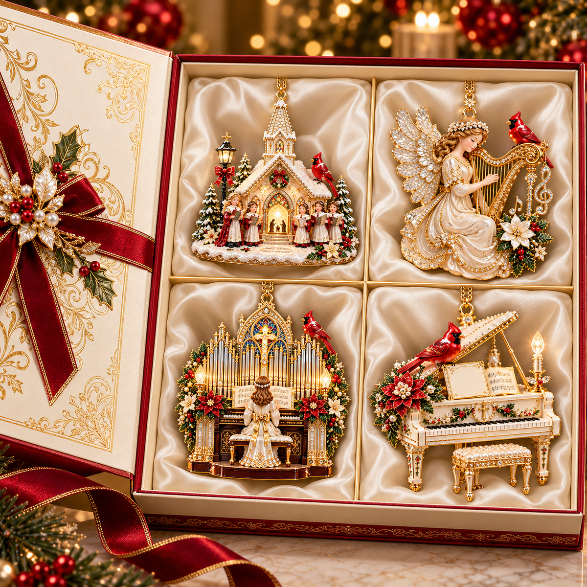 Heavenly Christmas Music Ornament -Church, Angel Harp, Cathedral Organ & Grand Piano Holiday Collection