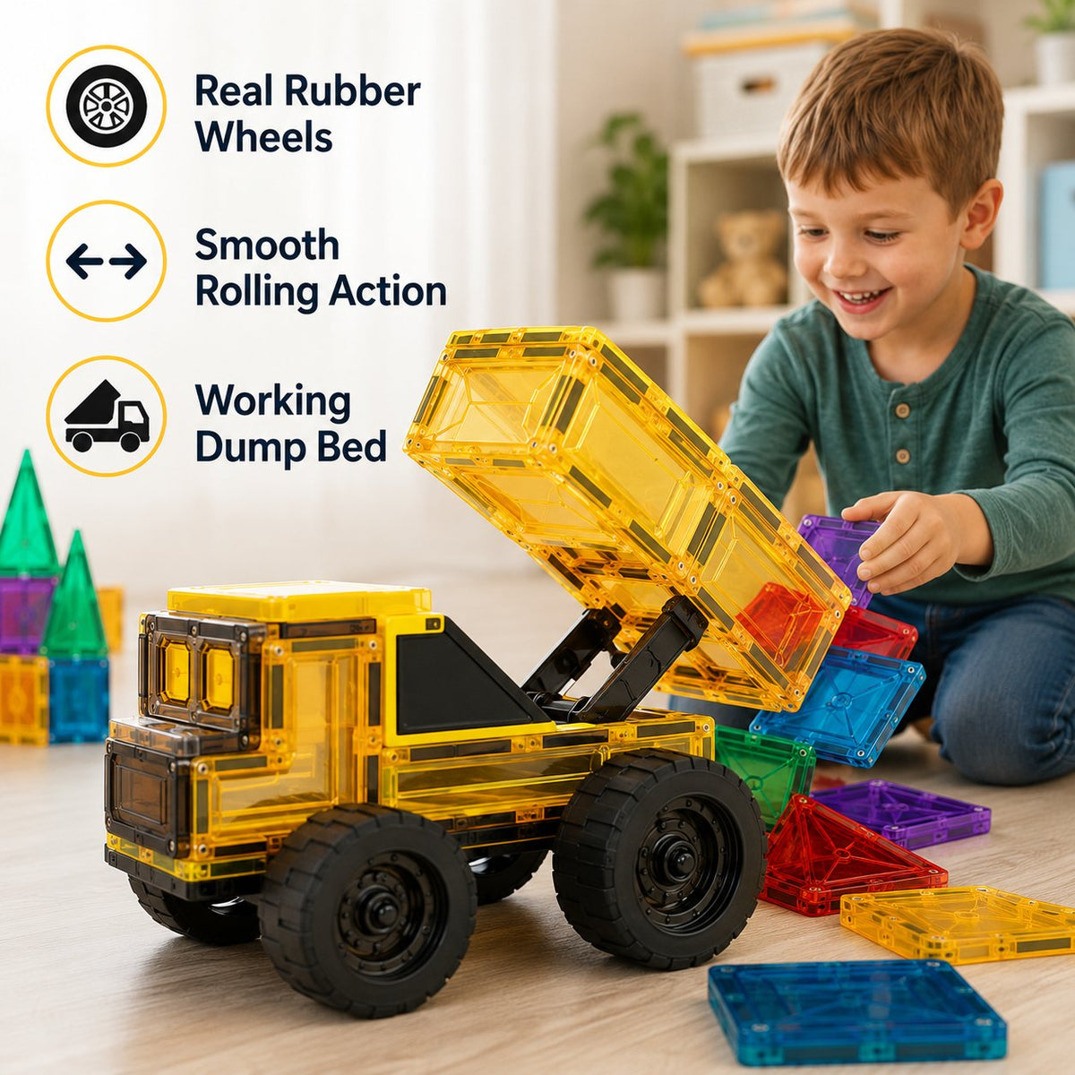 Magnetic Tile Construction Truck Set | Dump Truck & Bulldozer Toy