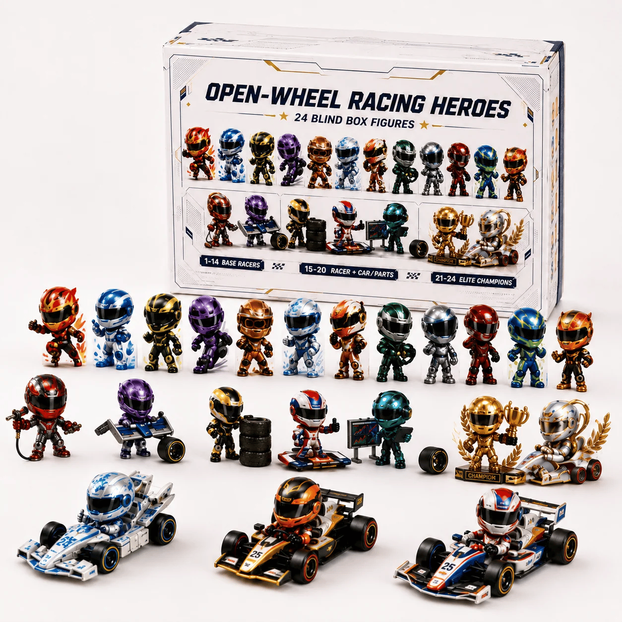 Miniature racing characters and open-wheel cars