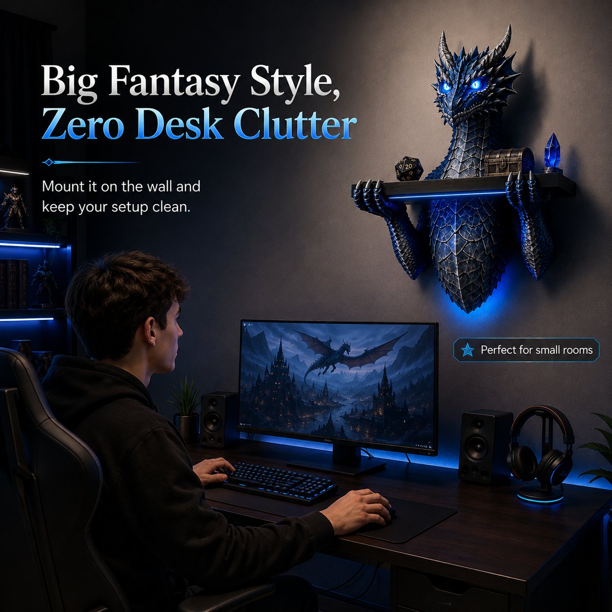 LED Dragon Bust Wall‑Mounted Sculpture Fantasy Themed Wall Decor With Blue Ambient Light For Game Room & Living Space