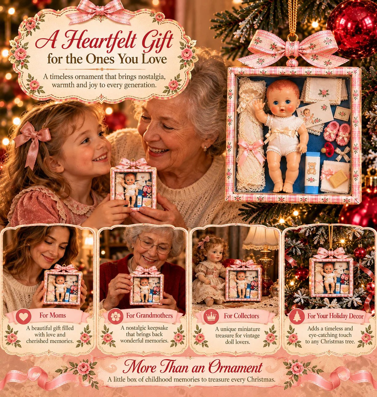 🎄🎁Vintage Baby Doll Gift Box Christmas Ornament – Nostalgic Keepsake | A Heartwarming Christmas Gift for Doll Lovers, Moms & Grandmas.