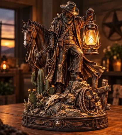 🤠 Western Rider & Horse Lantern Statue | Rustic Cowboy Decor