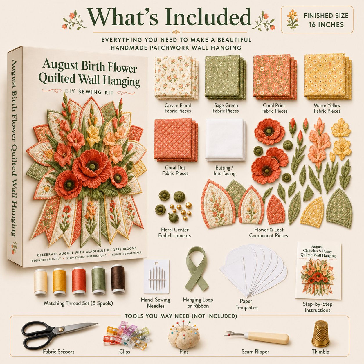 🌸 Beginner-Friendly 12-Month Birth Flower 3D Quilted Wall Hanging Sewing Kit Collection | Complete Kit with Coordinated Fabrics, Sewing Materials & Step-by-Step Guide Included 💕