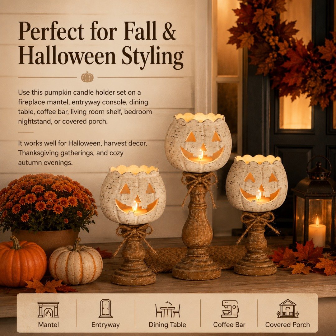 🎉Rustic White Pumpkin Tealight Candle Holder Set of 3
