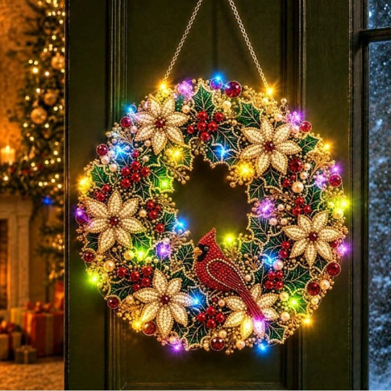 LED Weihnachts-Perlen-Diamantbild – Funkelnde Weihnachtskranz-Dekoration mit 19 Motiven