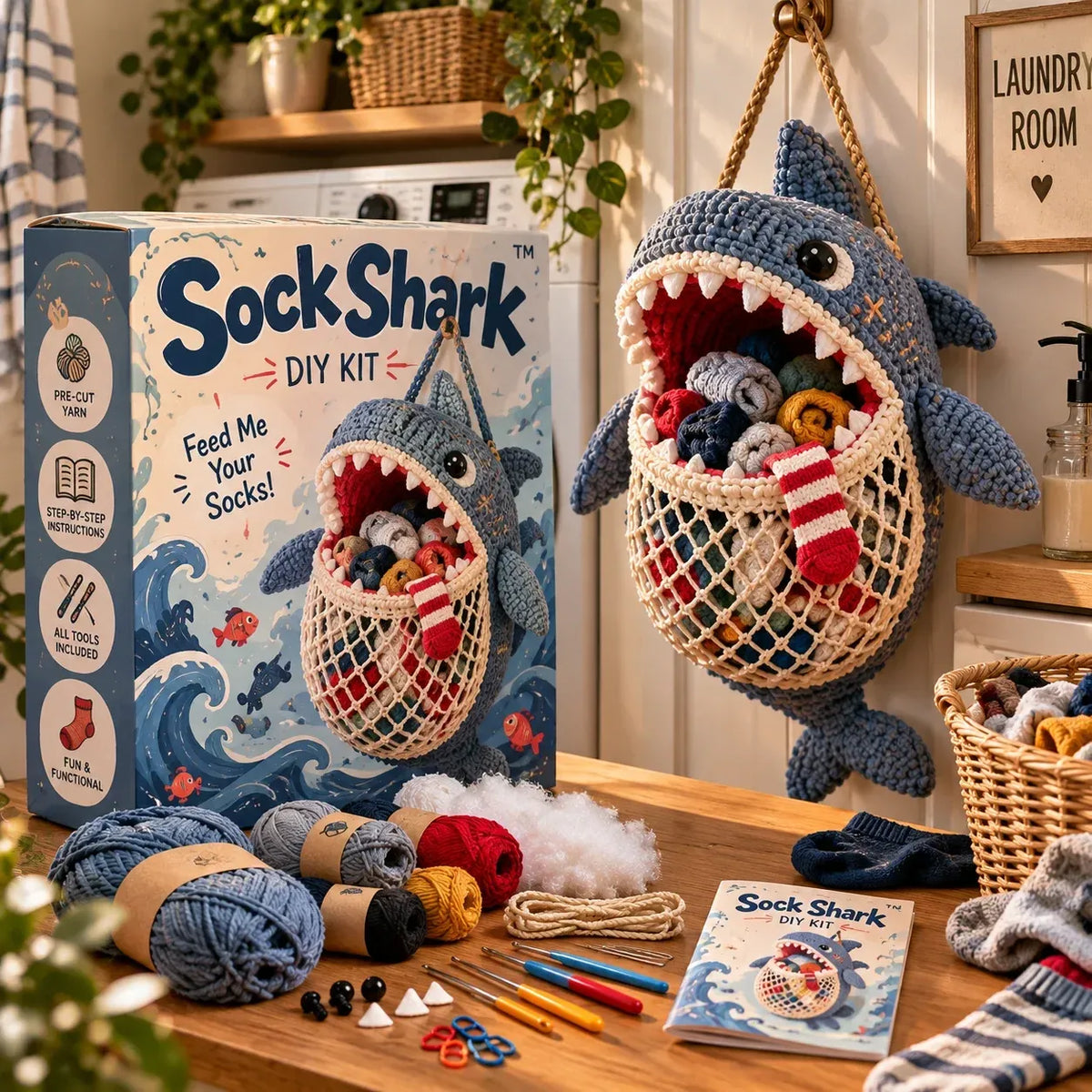 🧦😂 Sock Gobblers™ – DIY Crochet Animal Sock Holder Kit | Funny Hanging Laundry Organizer & Creative Handmade Gift 🦈🐊