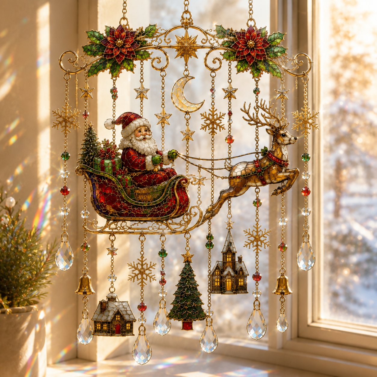 🔥 LAST DAY 49% OFF – 🎄Handmade Christmas Stained Glass Window Hanging | Tempered Stained Glass, K9 Crystal Drops & Ready-to-Hang Holiday Decor ✨