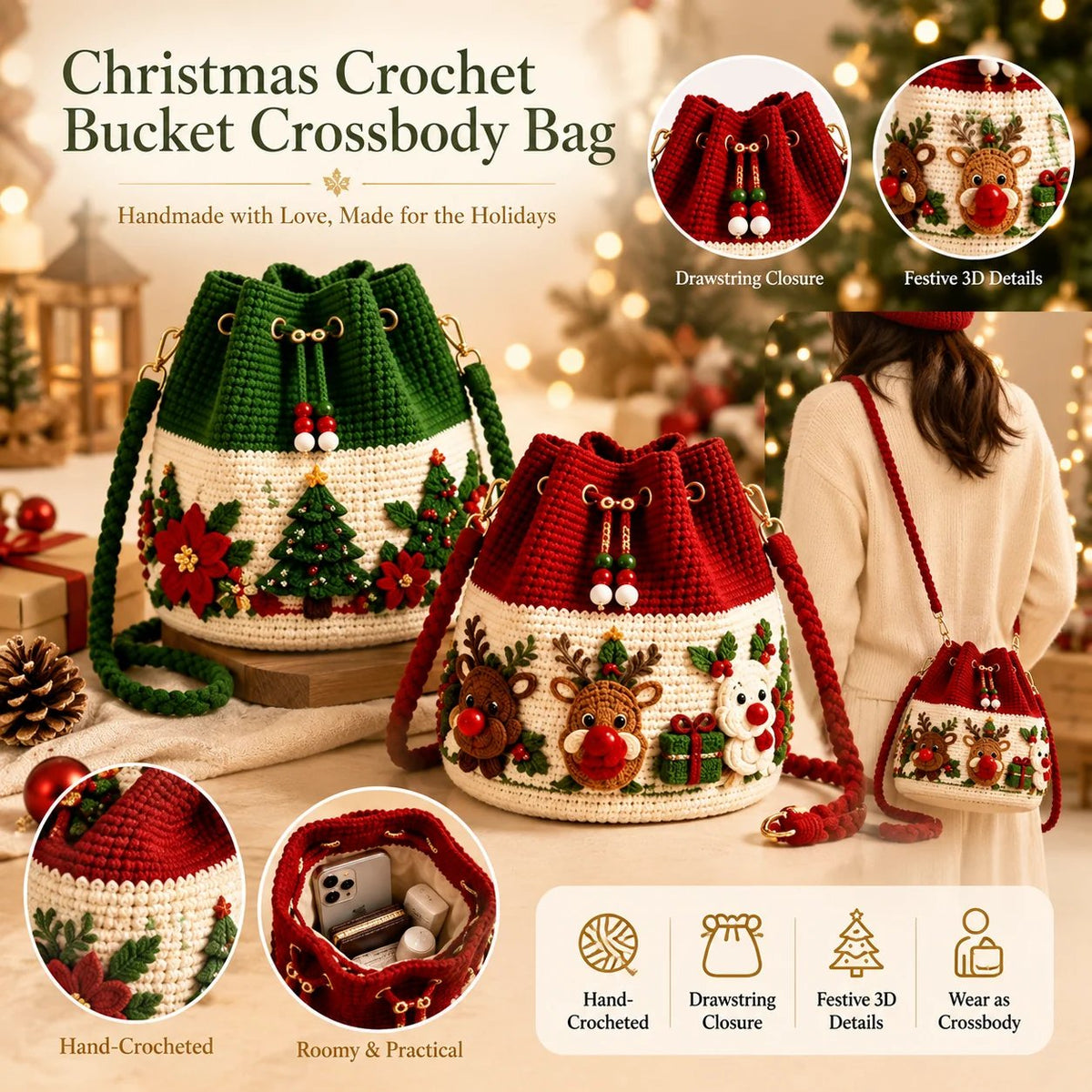 🎄Christmas Crochet Bucket Crossbody Bag 🎅 Festive Holiday Women Handbag Gift