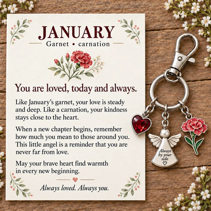 🔥LAST DAY 50% OFF - 👼 Always By Your Side: Birth Month Angel & Flower Keychain + Keepsake Card 🌸