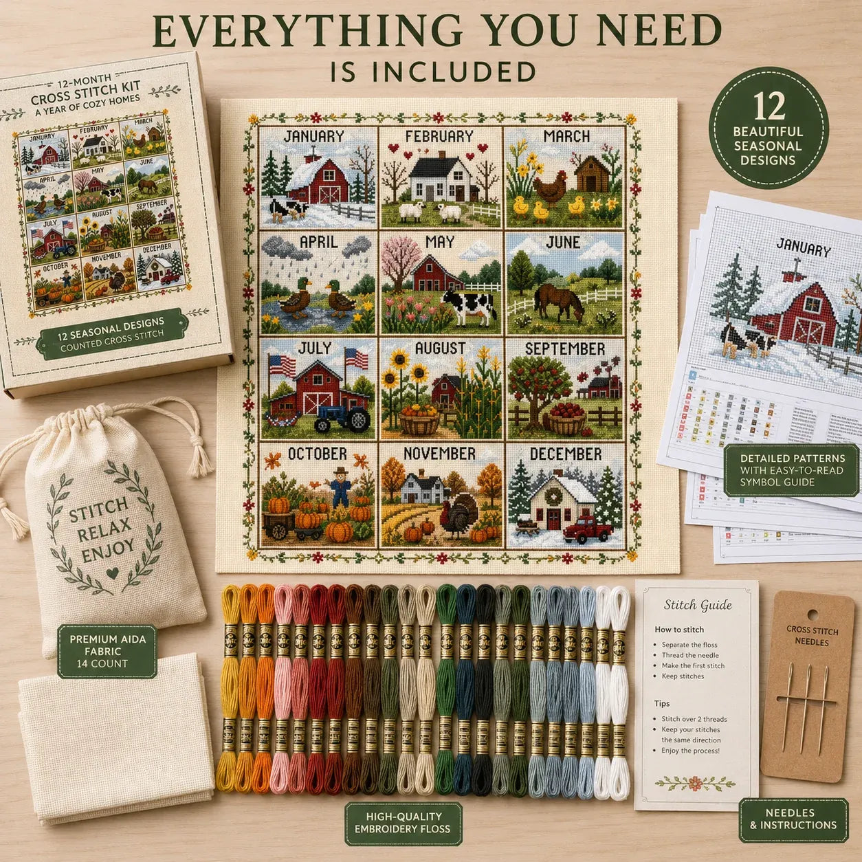 A Year in Stitches – 12-Month Seasonal Cross Stitch Kit