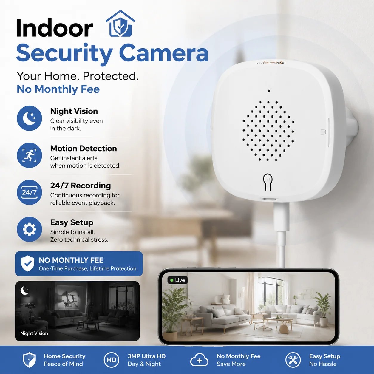 2K Indoor WiFi Security Camera with AI Detection & Color Night Vision