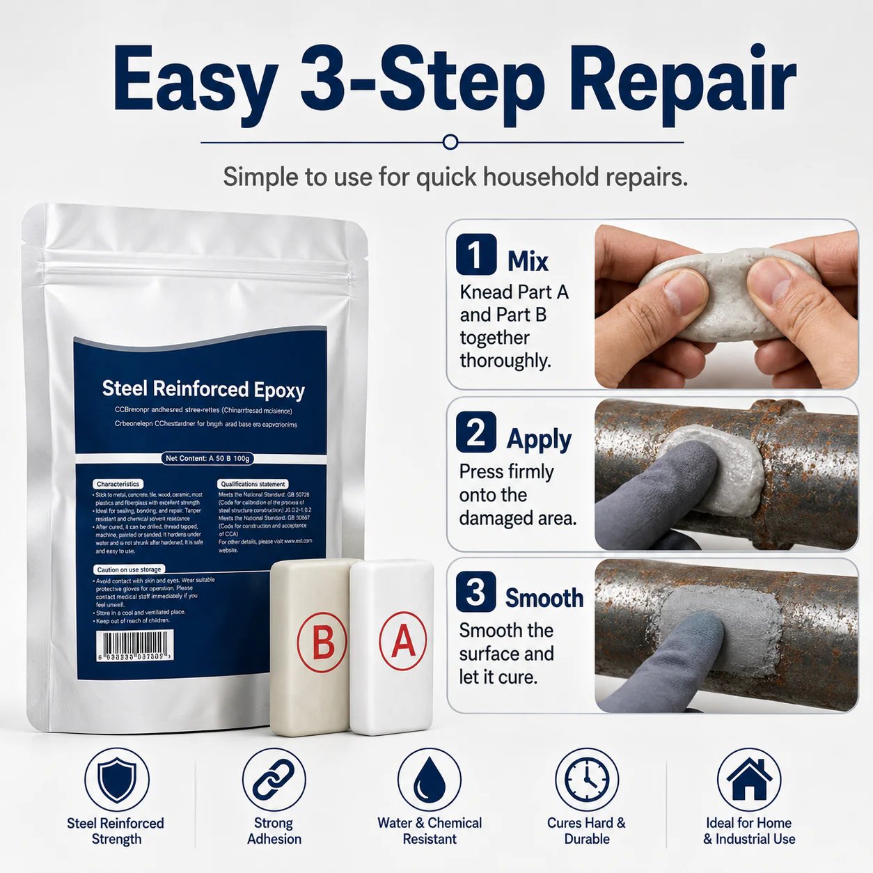 🔧Steel Reinforced Epoxy Repair Putty – Multi-Surface Moldable Epoxy for Metal, Wood & Hard Surfaces, Patch Cracks Gaps Holes, Sandable & Paintable, Water-Resistant🛠️