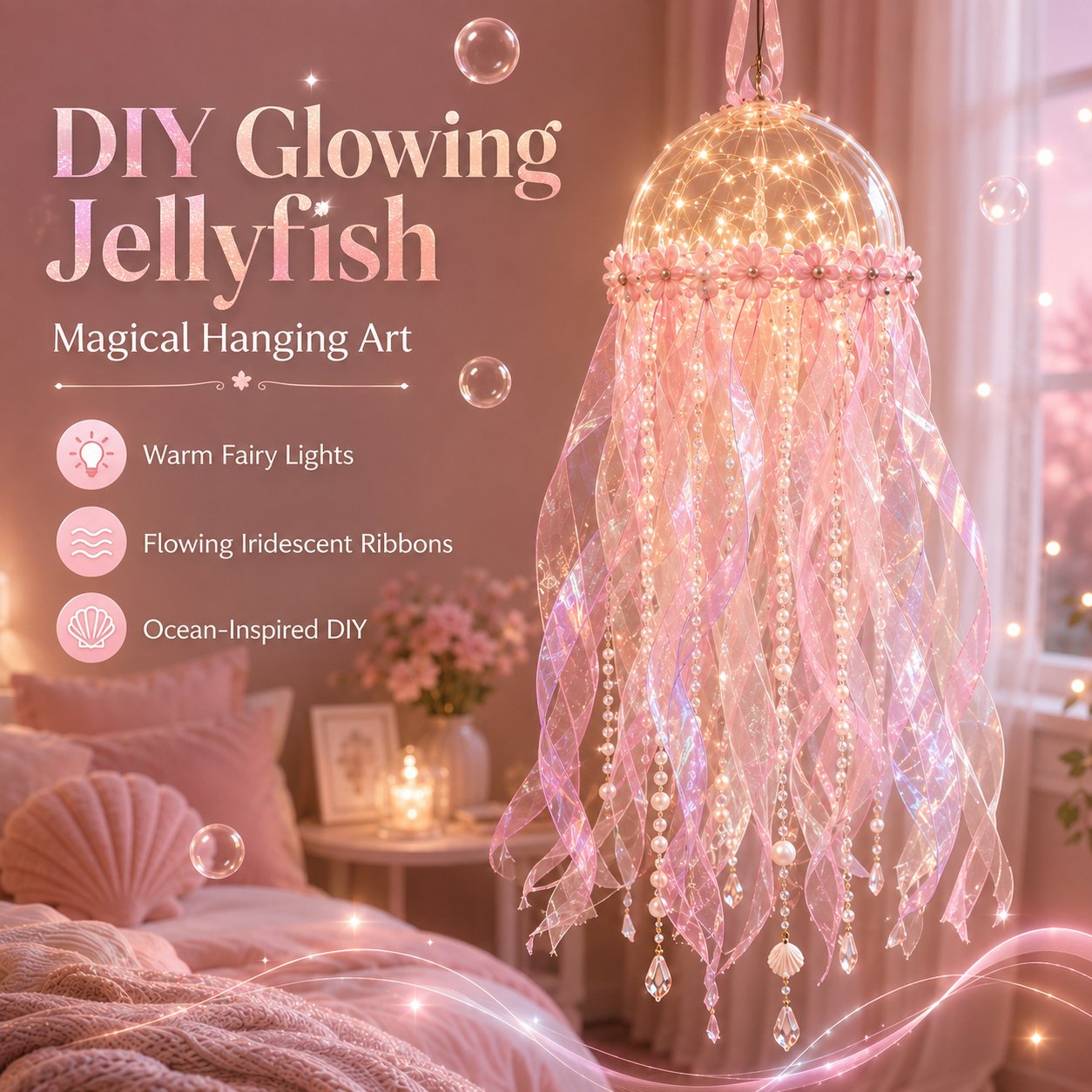 🎁 BUY 2 & GET FREE SHIPPING – 🪼 DIY Glowing Jellyfish Hanging Decoration Kit | Dreamy Floating Glow with Iridescent Ribbons, Pearls & Fairy Lights ✨