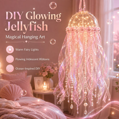 🎁 BUY 2 & GET FREE SHIPPING – 🪼 DIY Glowing Jellyfish Hanging Decoration Kit | Dreamy Floating Glow with Iridescent Ribbons, Pearls & Fairy Lights ✨