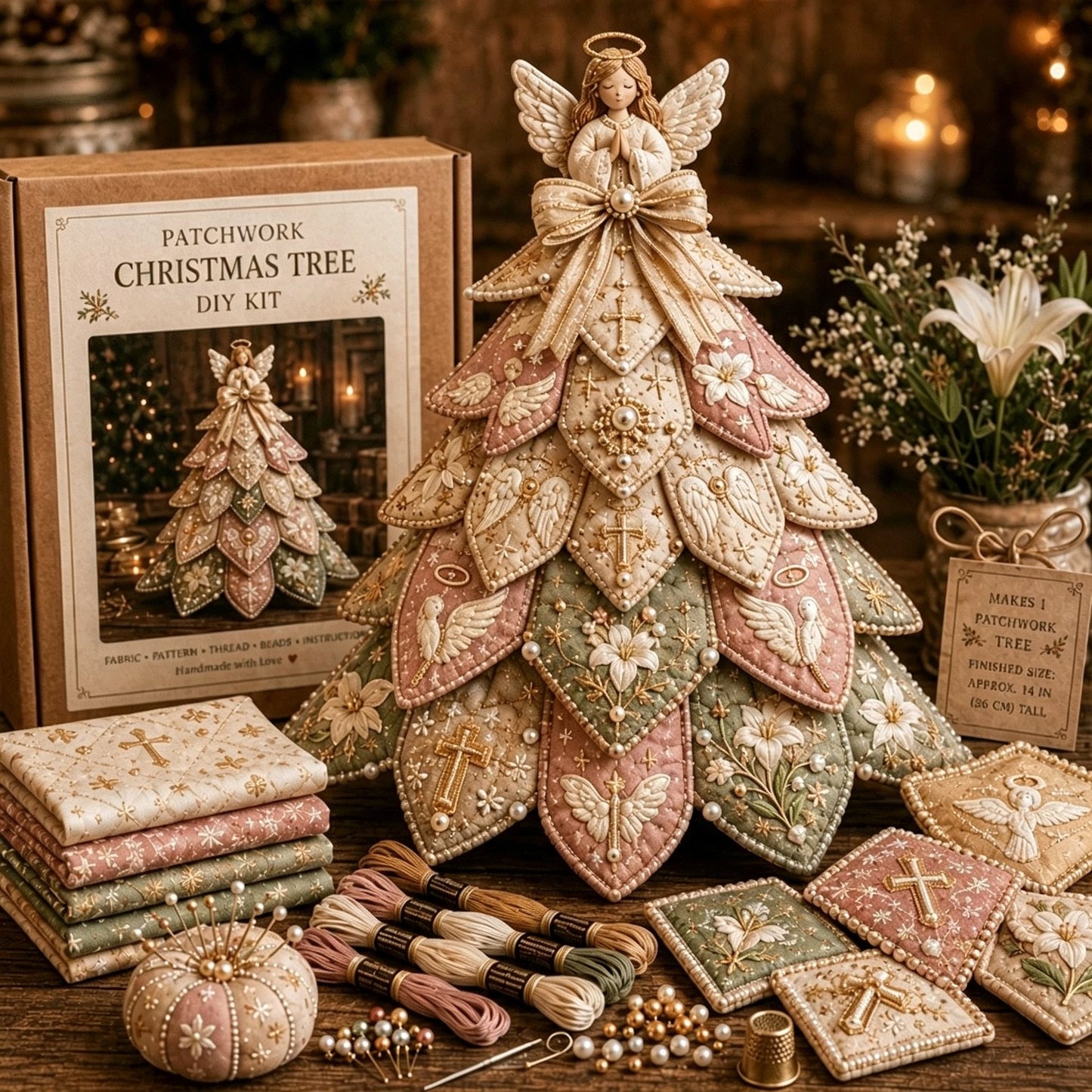 ⏳ Last Day 49% OFF – ✝️ Beginner-Friendly Tree of Faith 3D Quilted Christmas Tree Sewing Kit | Complete Kit with Coordinated Fabrics, Beads & Step-by-Step Guide Included 💕