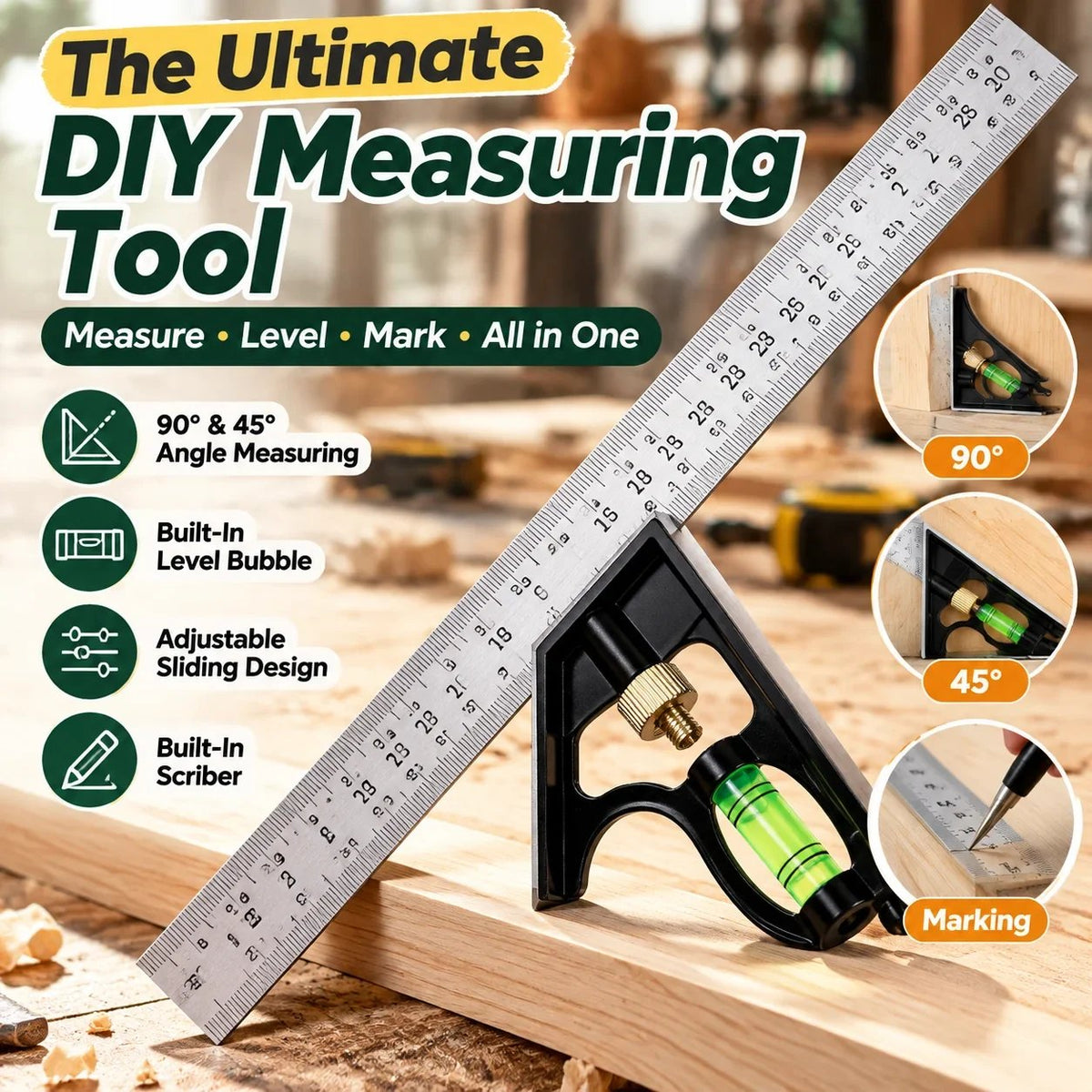 🔨Precision Combination Square Tool – 300mm Adjustable Carpenter Square with Built-In Level & Scriber for Woodworking DIY Projects