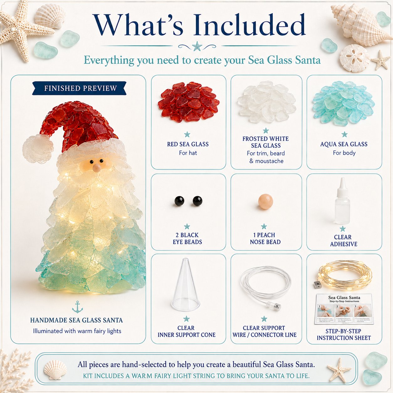 ⏳ Last Day 49% OFF – 🎅 Beginner-Friendly DIY Lighted Sea Glass Santa Christmas Decor Kit | Complete Kit with Sea Glass Pieces, Warm Fairy Lights & Step-by-Step Guide Included 💕