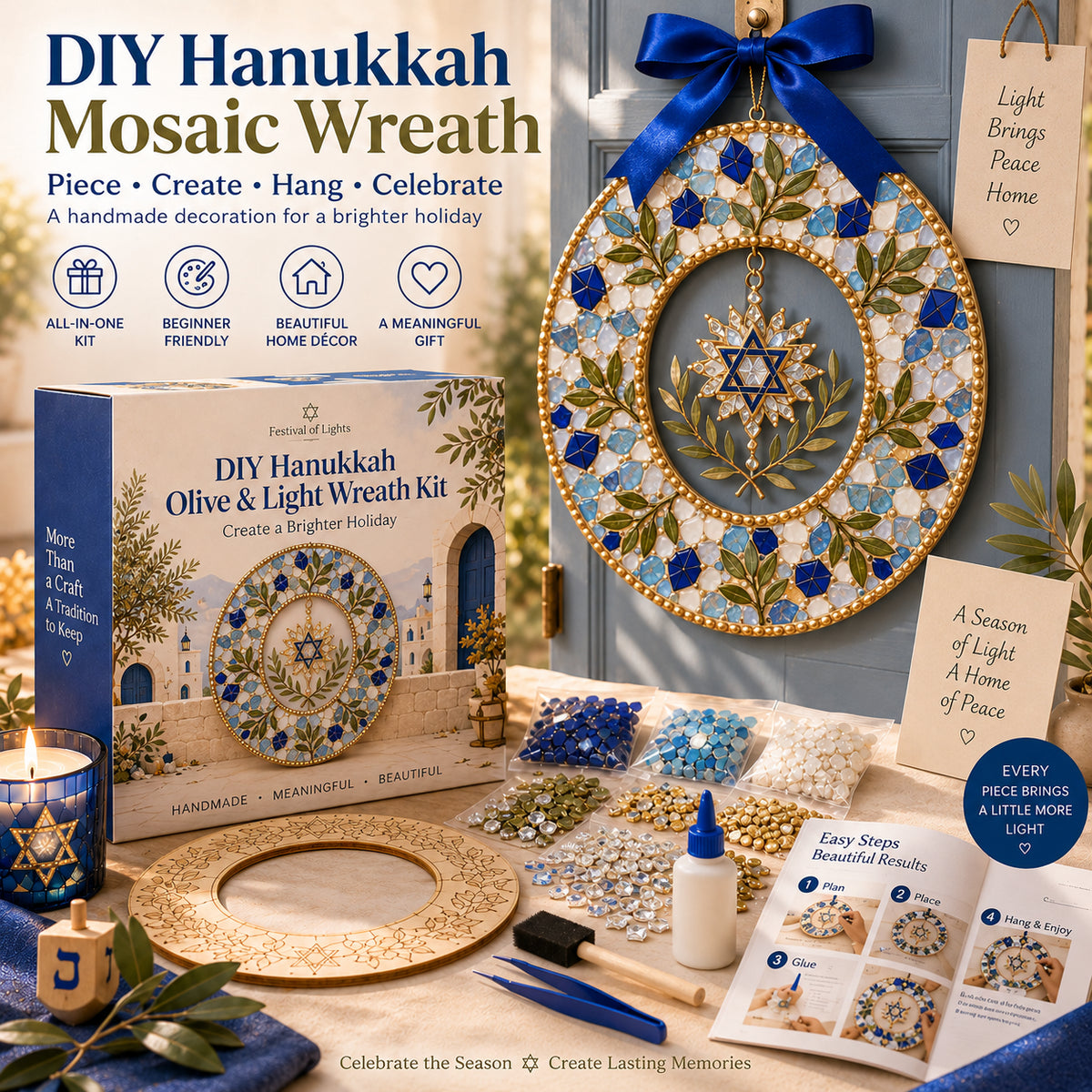 🕎 DIY Hanukkah Mosaic Wreath Kit – 6 Festive Designs for Holiday Home Décor