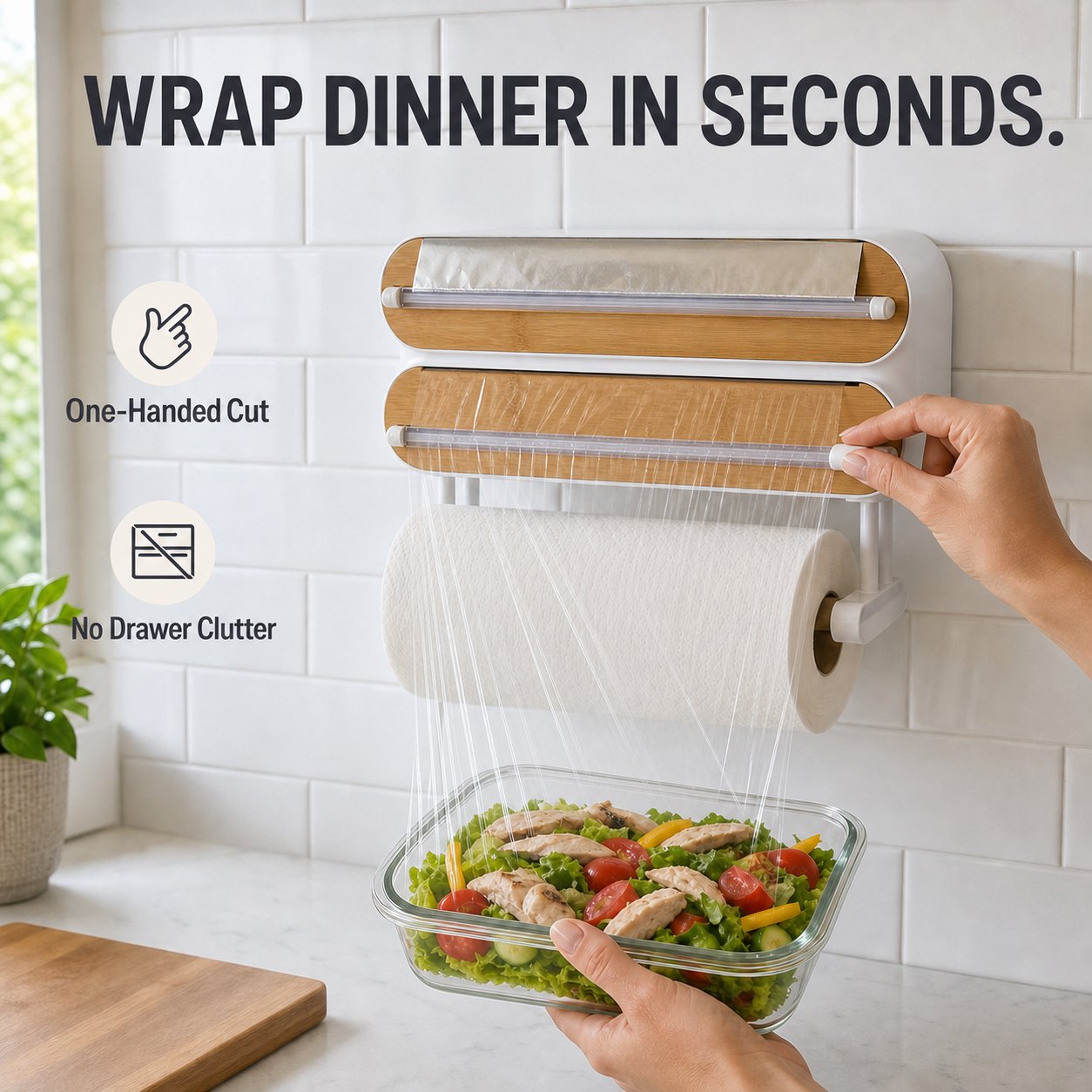 3-in-1 Magnetic Kitchen Wrap Dispenser with Slide Cutters