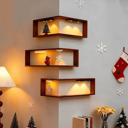 Wooden Corner Wall Shelf with Built-in Lights
