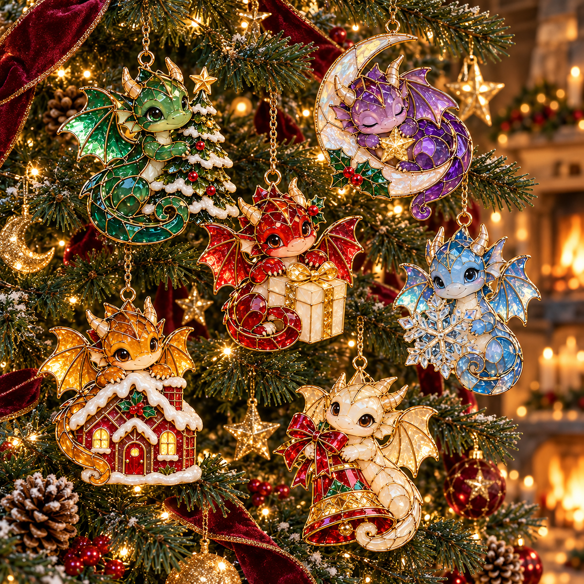 Enchanted Christmas Dragons – 6-Piece Vintage Stained Glass-Style Ornament Set