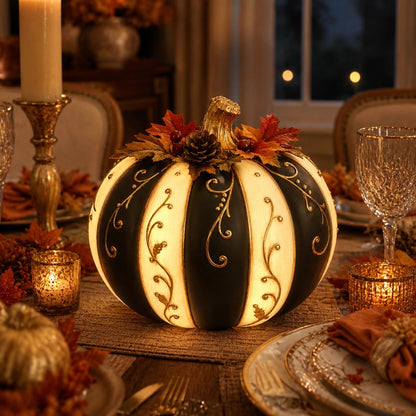 Lighted Black & Ivory Pumpkin Decor with Remote