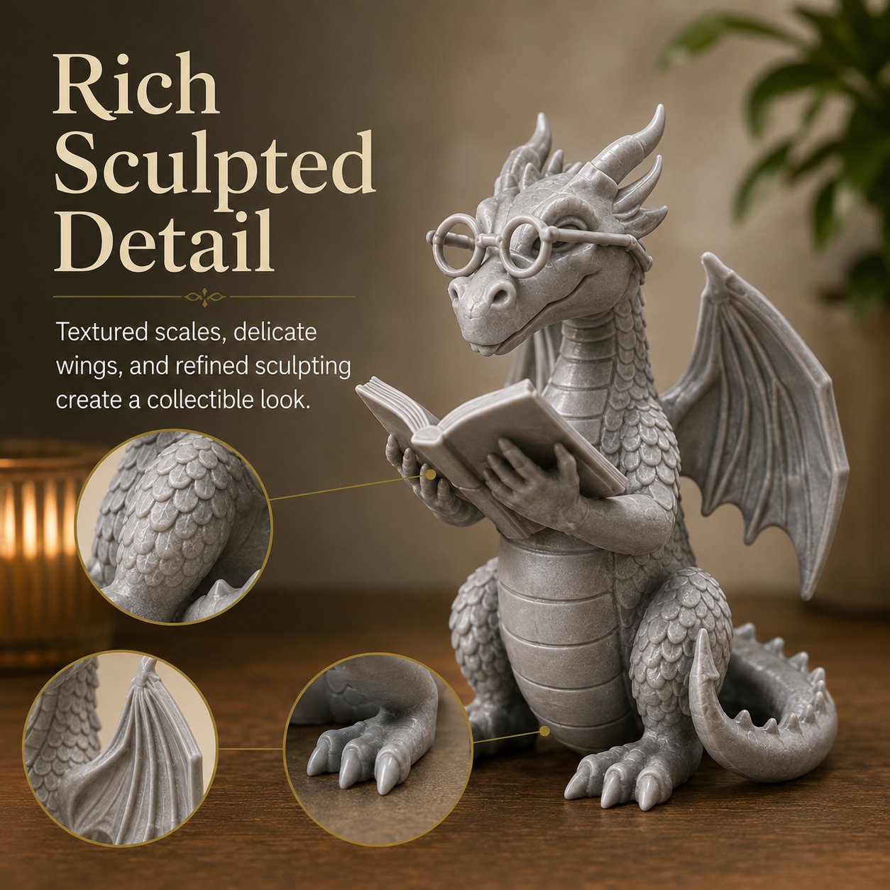 🐉 Reading Dragon Book Light Decoration, 12 cm Fantasy Dragon Figurine