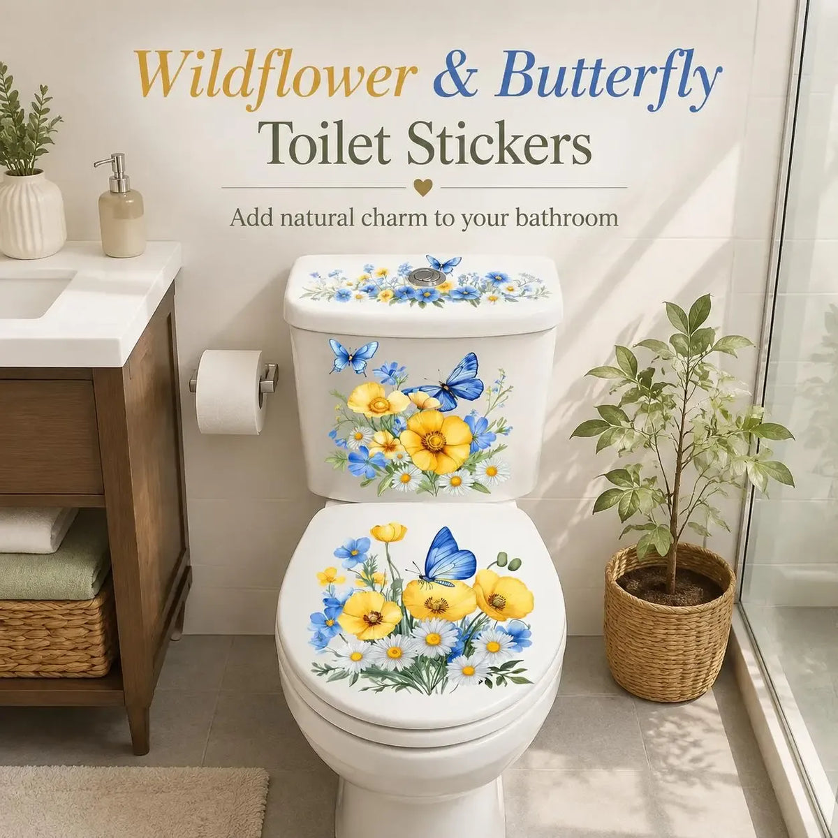 🌸3 Piece Golden Floral Toilet Stickers – Pearl-Inspired Bathroom Decals