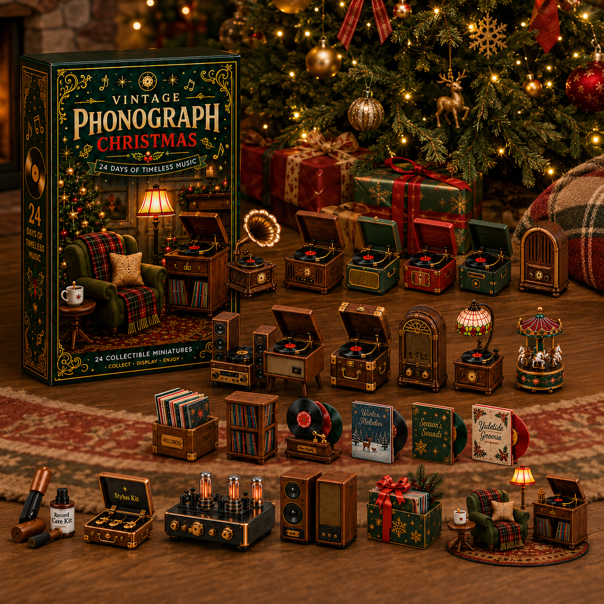 Vintage Phonograph Christmas Advent Calendar 2026 – 24 Days of Timeless Music Collectible Miniatures, Retro Record Player Countdown Gift for Music Lovers