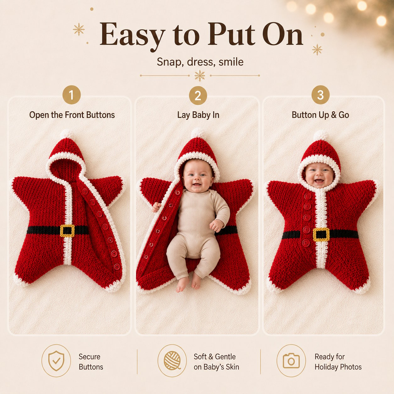 ⏳ Last Day 49% OFF – 🎅 Baby’s First Christmas Keepsake Star Outfit | One Size Fits Most Babies, Soft Knitted Santa Cocoon with Front Button Opening for Holiday Photos ✨