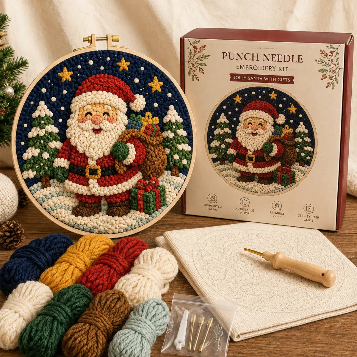 ⏳ Last Day 49% OFF – 🎄Beginner-Friendly Christmas Punch Needle DIY Kit | Complete Kit with Pre-Printed Fabric, Wooden Hoop, Thick Yarn, Punch Needle Tool & Step-by-Step Guide Included 💕