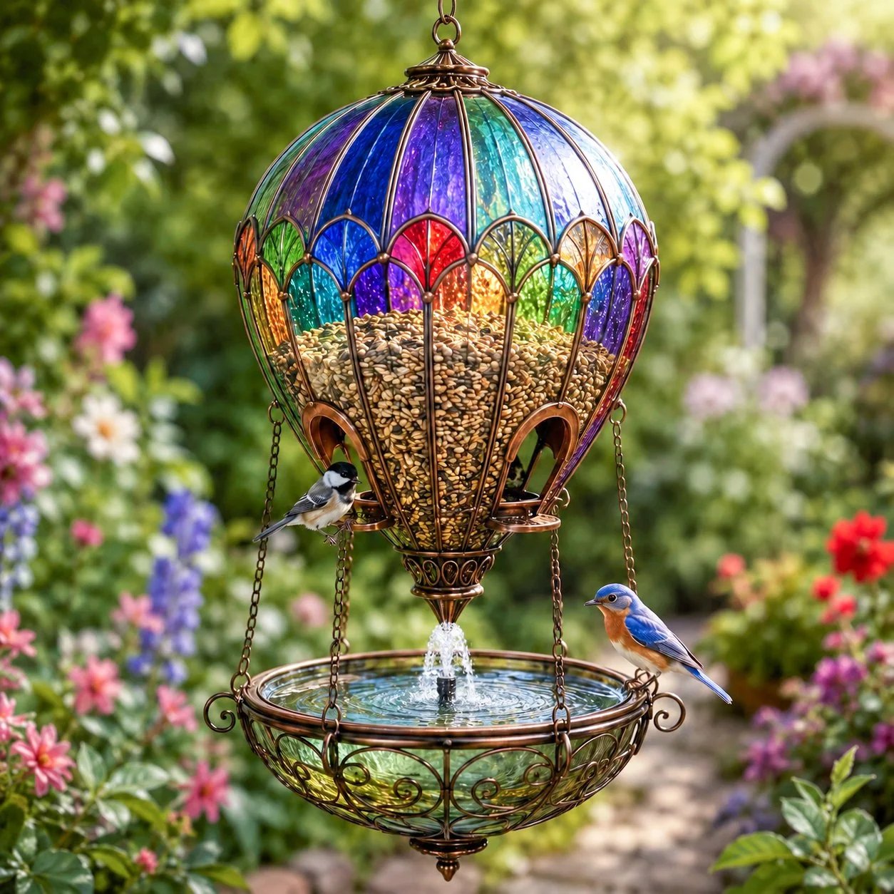 Hot Air Balloon Bird Feeder with Water Tray – Stained-Glass Look Garden Decor