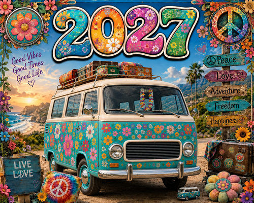 🌼 2027 Hippie Boho Wall Calendar – Retro Road Trip Calendar