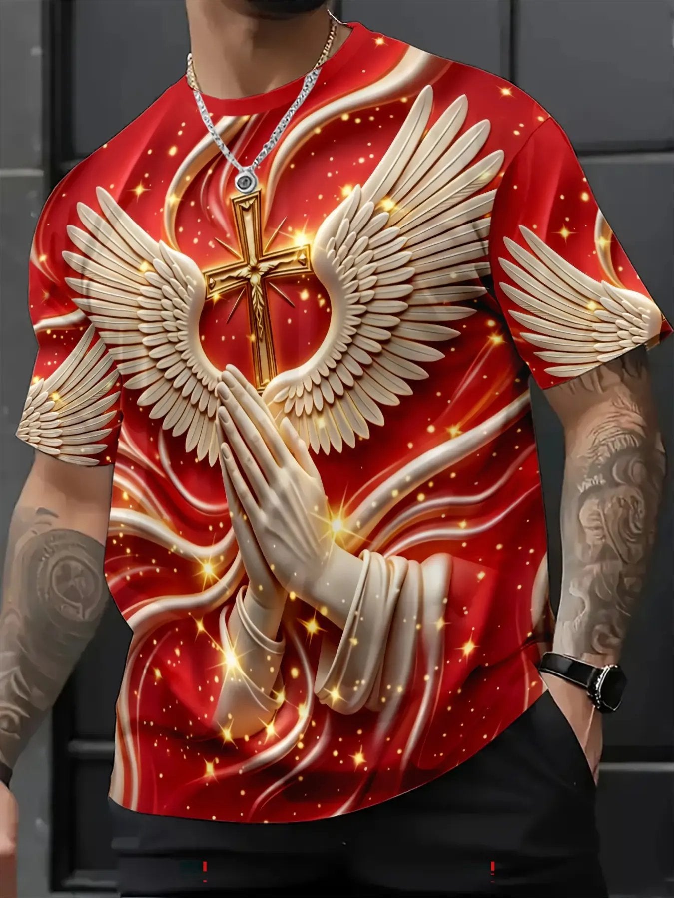 New Religious Prayer Hand Angel Wings Cross Print Men's Round Neck 3D High-Definition Short Sleeve