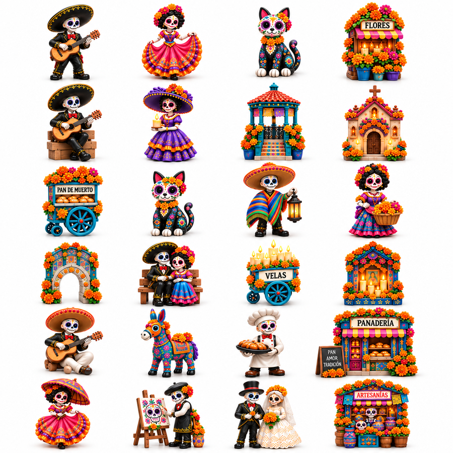 Individual miniature designs included in the Pueblo del Día de Muertos collection