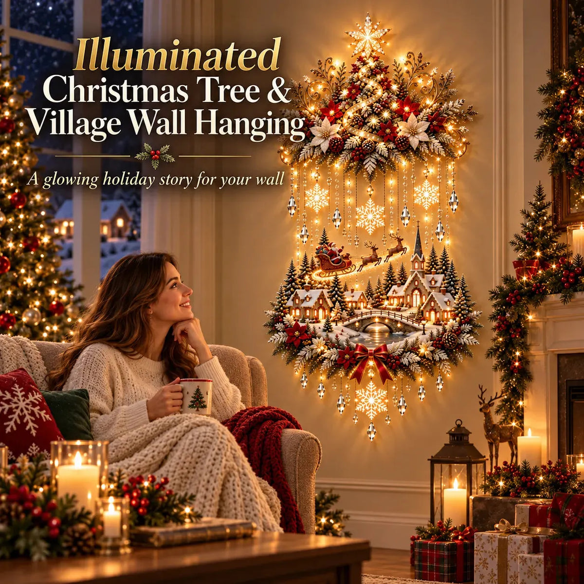 🎄✨ Illuminated Christmas Tree & Village Wall Hanging