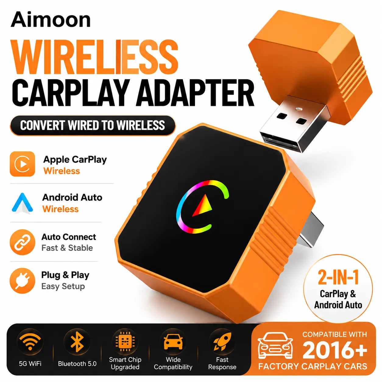 🚘2 in 1 Wireless CarPlay Adapter, Plug & Play, Fast Auto Connection, Compatible with Factory CarPlay Cars 2016+