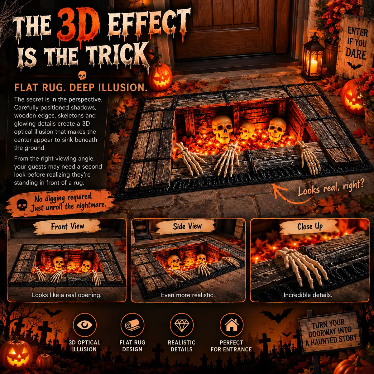 🔥LAST DAY 50% OFF💀Underground Crypt Skeleton Flame Ember Halloween Rug Decor✨