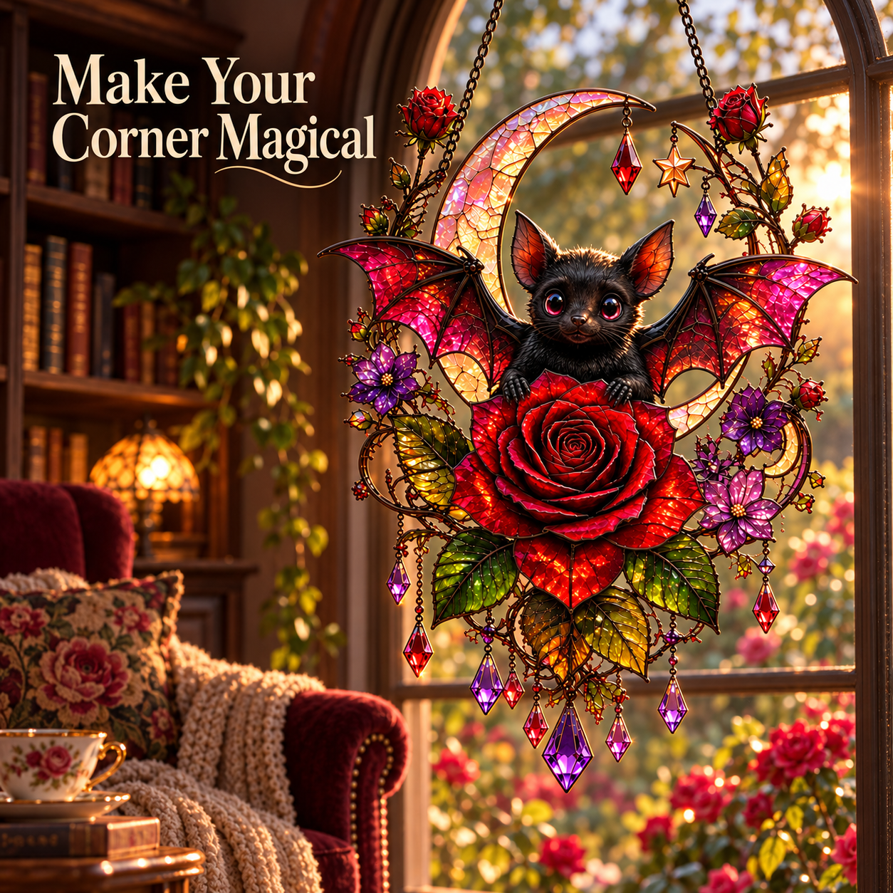 Midnight Romance bat and rose crescent moon hanging decor