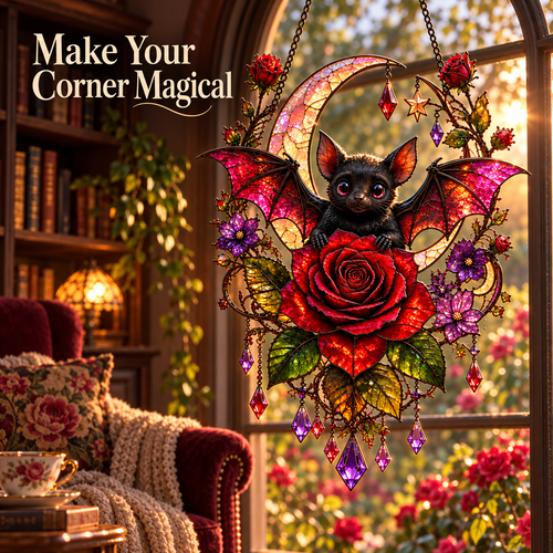 🦇 Midnight Romance – Bat, Crescent Moon & Rose Hanging Decor