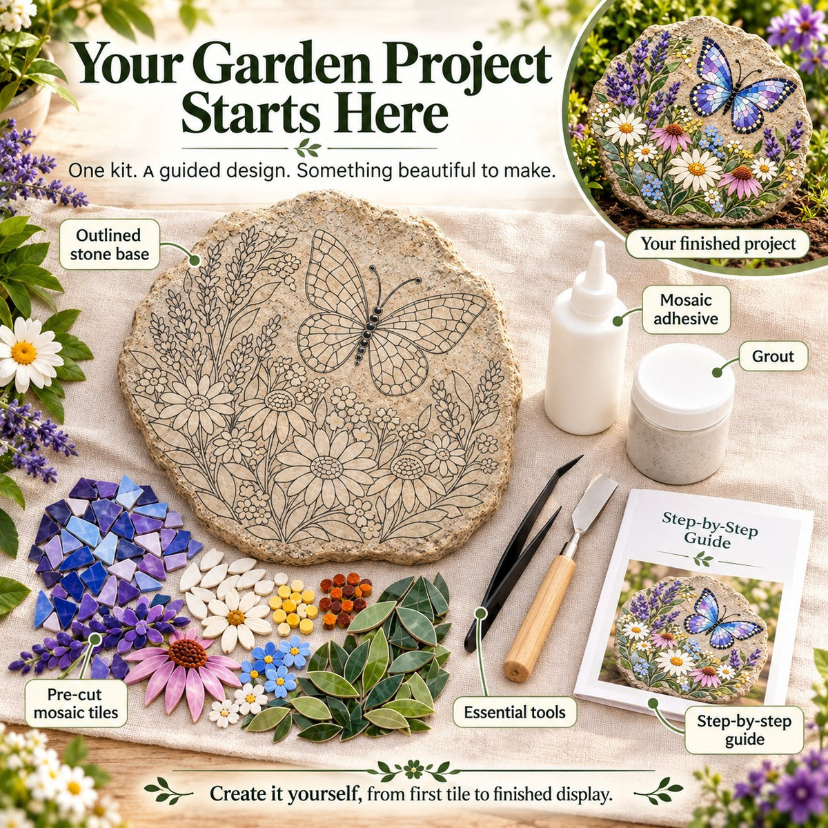 🦋 Butterfly Wildflower Mosaic DIY Kit | Complete Guided Craft Set
