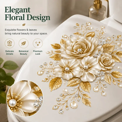 🌸3 Piece Golden Floral Toilet Stickers – Pearl-Inspired Bathroom Decals